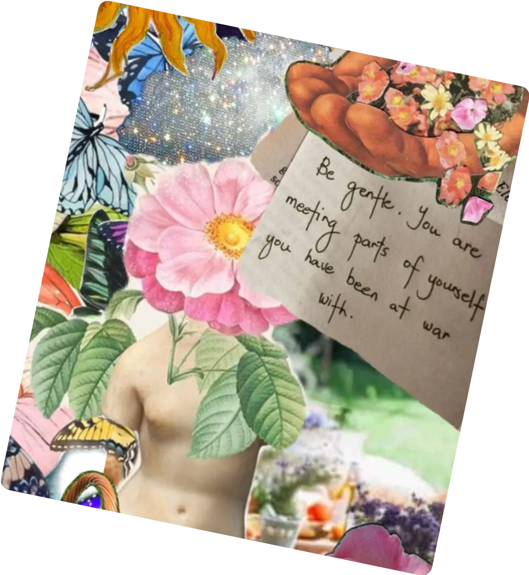 Colorful collage with a handwritten note saying 'Be gentle, you are meeting parts of yourself you have been at war with,' surrounded by flowers and butterflies.