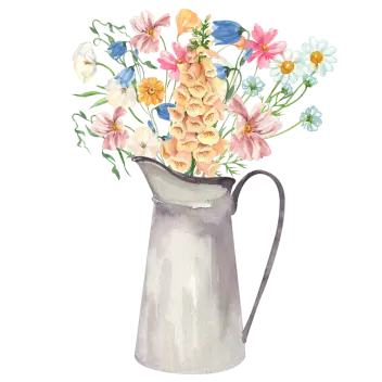 Watercolor illustration of flowers in a vintage white pitcher.