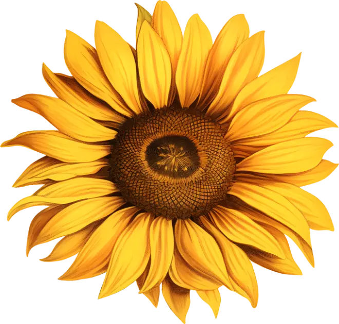 Vivid illustration of a sunflower with bright yellow petals and a detailed brown center.