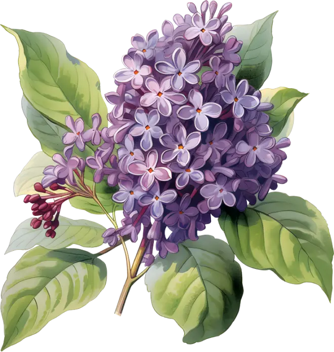 Illustration of a lilac cluster with vibrant purple flowers and green leaves.