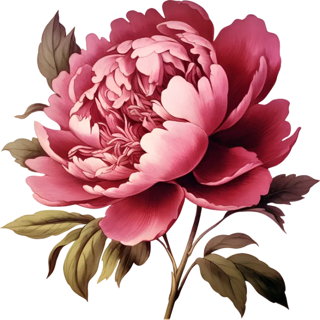 Illustration of a large pink peony in full bloom with intricate petals and green leaves.