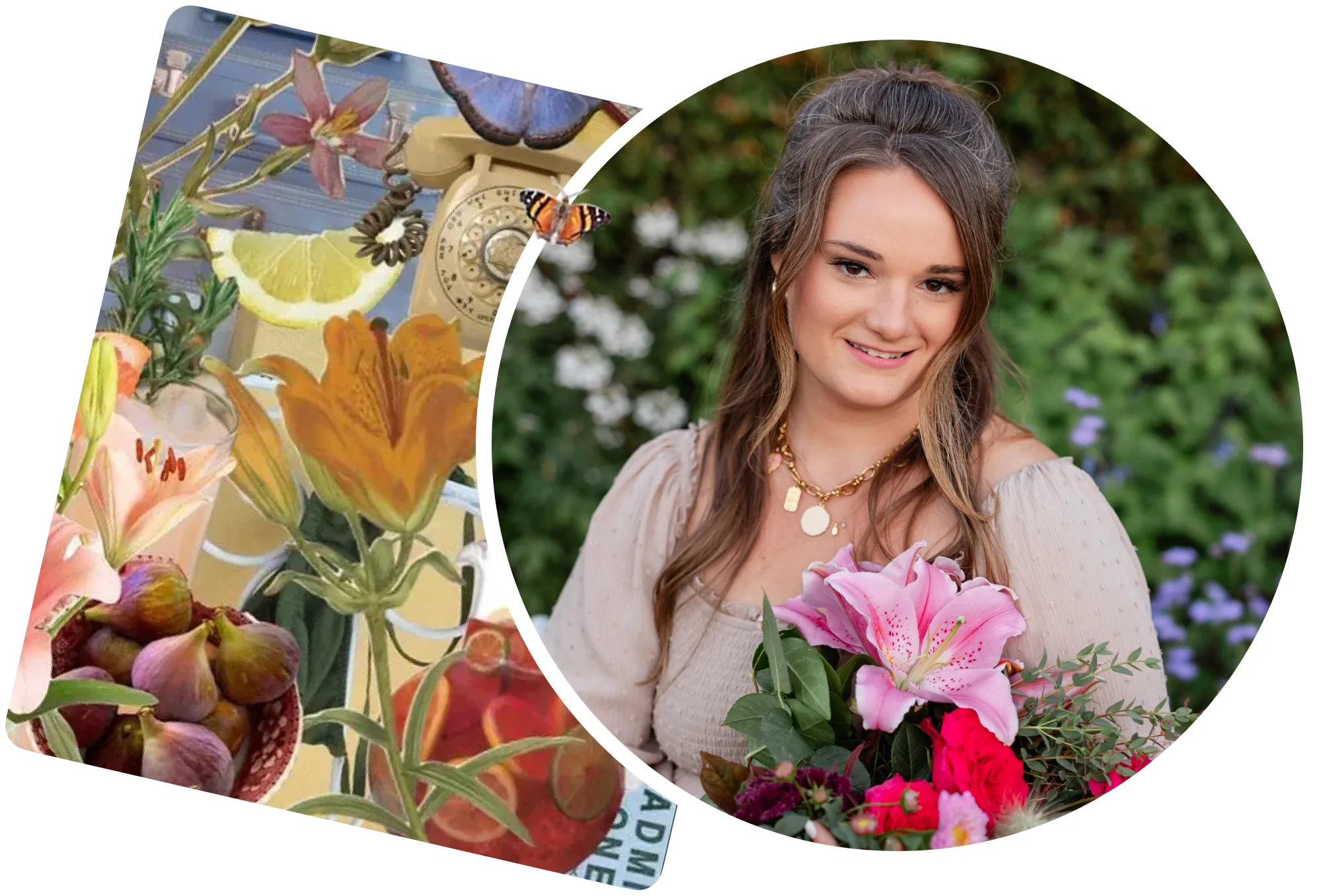 A circular headshot of a woman holding a bouquet of colorful flowers, paired with a collage of flowers and garden imagery.