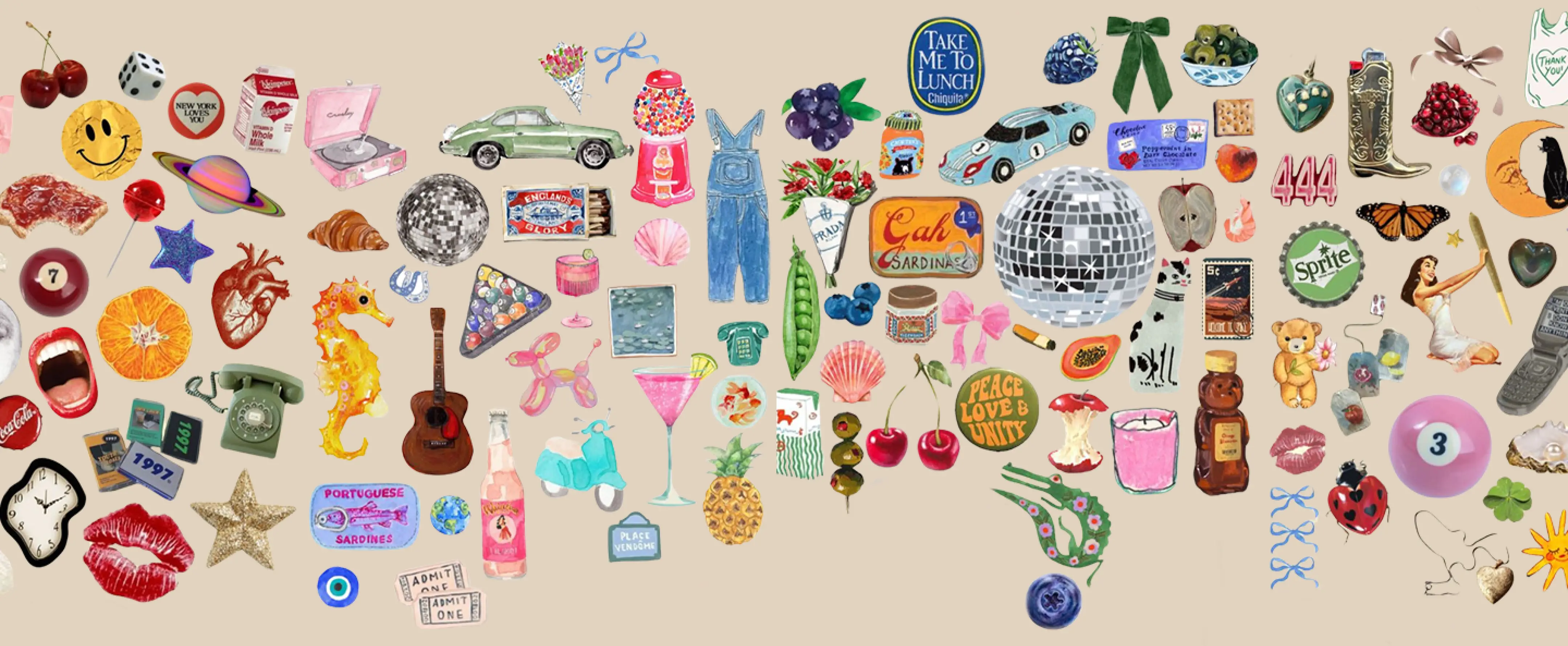 A colorful collage of various nostalgic and eclectic items, including a disco ball, a telephone, and a smiley face button.