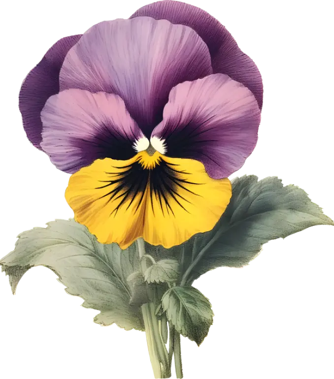 Illustration of a purple pansy flower with a yellow and black center.