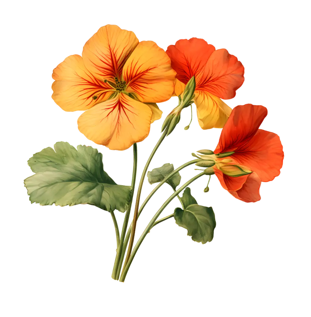 Illustration of three bright orange and yellow nasturtium flowers with green leaves.