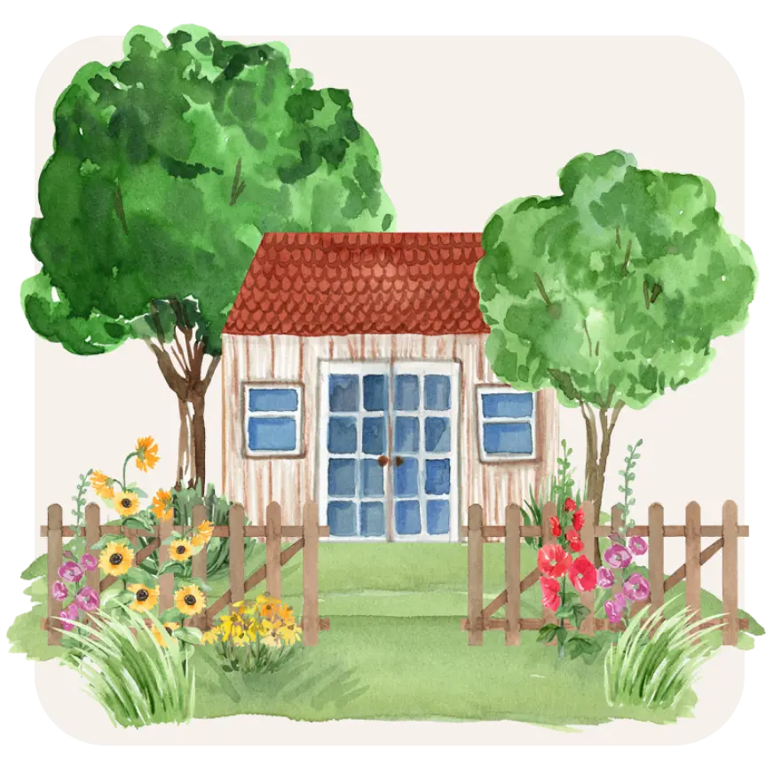 Watercolor illustration of a small house with a red roof, surrounded by trees and colorful flowers.