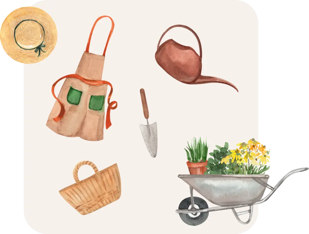 Watercolor illustration of gardening tools, including a sun hat, apron, trowel, watering can, and wheelbarrow with plants.