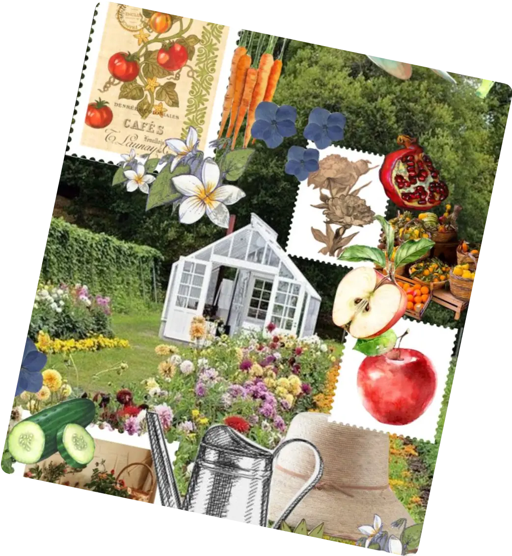 Collage of gardening items, including a greenhouse, tomatoes, flowers, and a watering can, set against a garden background.