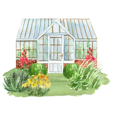 Watercolor illustration of a small greenhouse surrounded by greenery and flowers.