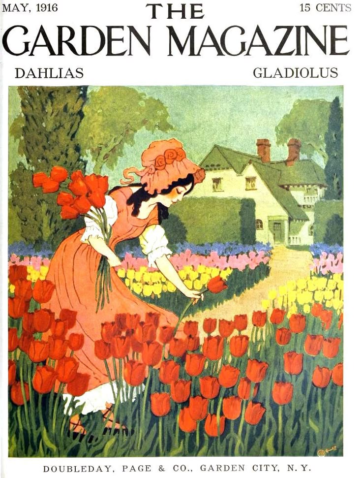 Vintage cover of The Garden Magazine, May 1916, showing a woman picking tulips