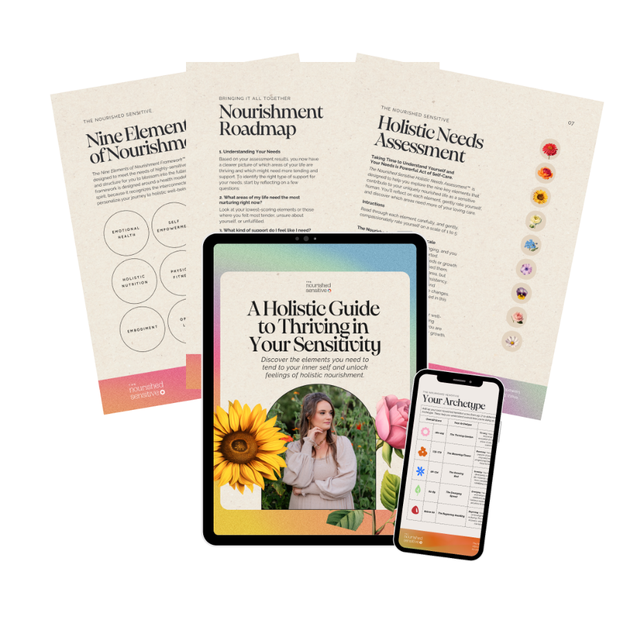 A Holistic Guide to Thriving in Your Sensitivity, shown on tablet, phone and printed pages